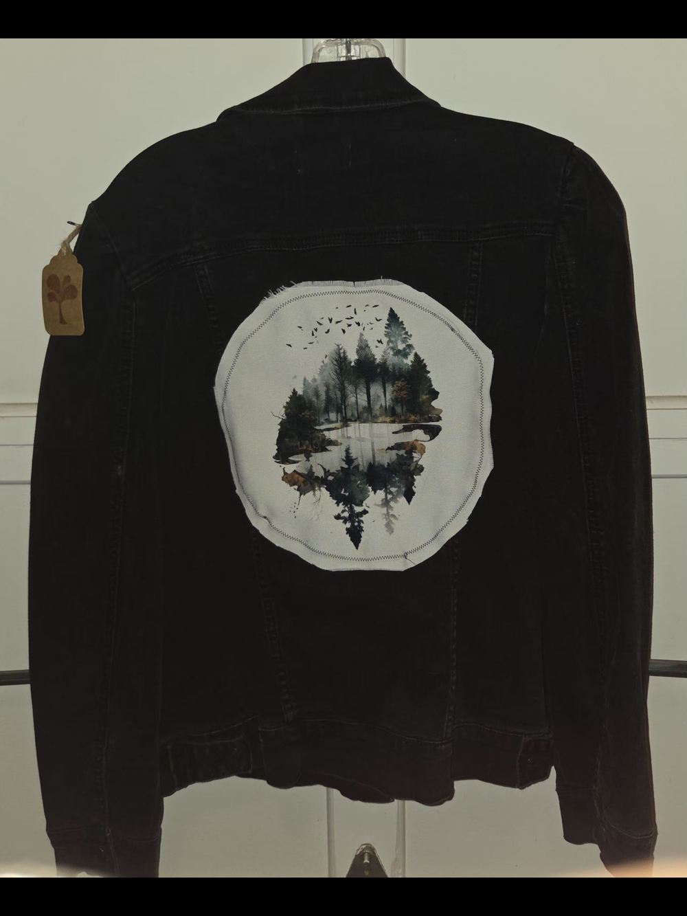 Black Denim Jean Jacket with Woodland Pond Patch